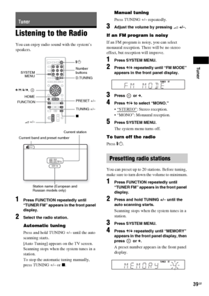 Page 39Tuner
39GB
Listening to the Radio
You can enjoy radio sound with the system’s 
speakers.
1Press FUNCTION repeatedly until 
“TUNER FM” appears in the front panel 
display.
2Select the radio station.
Automatic tuning
Press and hold TUNING +/– until the auto 
scanning starts.
[Auto Tuning] appears on the TV screen. 
Scanning stops when the system tunes in a 
station. 
To stop the automatic tuning manually, 
press TUNING +/– or x. 
Manual tuning
Press TUNING +/– repeatedly.
3Adjust the volume by pressing 2...