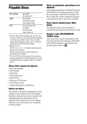 Page 6868GB
Playable Discs
1)Since the Blu-ray Disc specifications are new and 
evolving, some discs may not be playable depending 
on the disc type and the version. Also, the audio 
output differs depending on the source, connected 
output jack, and selected audio settings.
2)BD-RE: Ver.2.1
BD-R: Ver.1.1, 1.2, 1.3 including organic pigment 
type BD-R (LTH type)
BD-Rs recorded on a PC cannot be played if 
postscripts are recordable.
3)A CD or DVD disc will not play if it has not been 
correctly finalized. For...