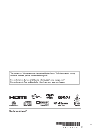 Page 80The software of this system may be updated in the future. To find out details on any 
available updates, please visit the following URL.
For customers in Europe and Russia: http://support.sony-europe.com/
For customers in Asia and Australia: http://www.sony-asia.com/support
(1)Printed in Malaysia
 