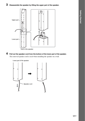 Page 1717GB
Getting Started
3Disassemble the speaker by lifting the upper part of the speaker.
4Pull out the speaker cord from the bottom of the lower part of the speaker.
The removed speaker cord is used when installing the speaker on a wall.
Upper part
Lower part
Rear of the speaker
Lower part of the speaker
,
Speaker cord
 