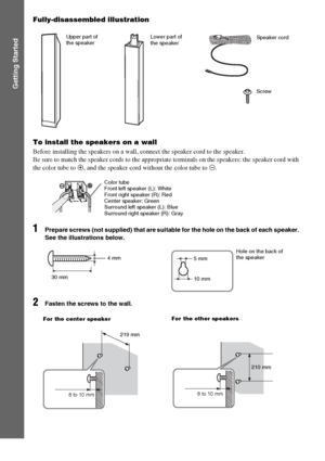 Page 1818GB
Getting Started
Fully-disassembled illustration
To install the speakers on a wall
Before installing the speakers on a wall, connect the speaker cord to the speaker.
Be sure to match the speaker cords to the appropriate terminals on the speakers: the speaker cord with 
the color tube to 3, and the speaker cord without the color tube to #.
1Prepare screws (not supplied) that are suitable for the hole on the back of each speaker. 
See the illustrations below.
2Fasten the screws to the wall.
Upper part...