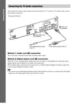 Page 2424GB
Getting Started
This connection sends an audio signal to the unit from the TV. To listen to TV sound via the system, 
perform this connection.
Method 1: Audio cord (D) connection
This is the basic connection and sends an analog audio signal.
Method 2: Digital optical cord (E) connection
When the TV has a digital optical output jack, you can improve sound quality by connecting with a 
digital optical cord in addition to an audio cord connection.
With a digital audio connection, the system receives a...