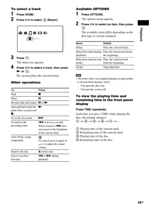 Page 49Playback
49GB
To select a track
1Press HOME.
2Press C/c to select   [Music].
3Press .
The music list appears.
4Press X/x to select a track, then press 
N or  .
The system plays the selected track.
Other operationsAvailable OPTIONS
1Press OPTIONS.
The options menu appears.
2Press X/x to select an item, then press 
.
The available items differ depending on the 
disc type or system situation.
Note The point where you stopped playing (resume point) 
is cleared from memory when:
– You open the disc tray.
–...