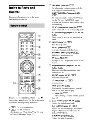 Page 88GB
Index to Parts and 
Control
For more information, refer to the pages 
indicated in parentheses.
Number 5,  /DIGITAL, PROG +, and N 
buttons have a tactile dot. Use the tactile dot as 
a reference when operating the remote.
 : For system operations
 : For TV operations
(For details, see “Controlling Your TV with 
the Supplied Remote” (page 72).)
ATHEATRE (page 67) 
Switches to the optimum video mode for 
watching movies automatically.
ONE-TOUCH PLAY (pages 40, 67) 
By only pressing the button, the TV...