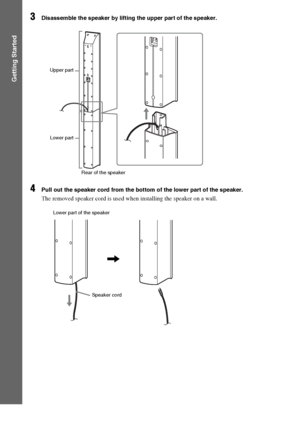 Page 1818GB
Getting Started
3Disassemble the speaker by lifting the upper part of the speaker.
4Pull out the speaker cord from the bottom of the lower part of the speaker.
The removed speaker cord is used when installing the speaker on a wall.
Upper part
Lower part
Rear of the speaker
Lower part of the speaker
,
Speaker cord
 