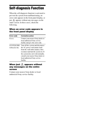 Page 9898GB
Self-diagnosis Function 
When the self-diagnosis function is activated to 
prevent the system from malfunctioning, an 
error code appears in the front panel display, or 
just   appears without any messages on the 
entire screen. In these cases, check the 
following.
When an error code appears in 
the front panel display
When just   appears without 
any messages on the entire 
screen
Contact your nearest Sony dealer or local 
authorized Sony service facility.
Error code Corrective action
Exxxx...