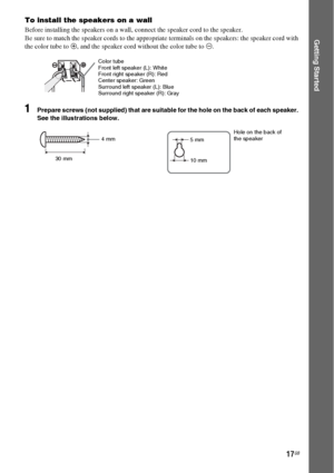 Page 1717GB
Getting Started
To install the speakers on a wall
Before installing the speakers on a wall, connect the speaker cord to the speaker.
Be sure to match the speaker cords to the appropriate terminals on the speakers: the speaker cord with 
the color tube to 3, and the speaker cord without the color tube to #.
1Prepare screws (not supplied) that are suitable for the hole on the back of each speaker. 
See the illustrations below.
Color tube
Front left speaker (L): White
Front right speaker (R): Red...