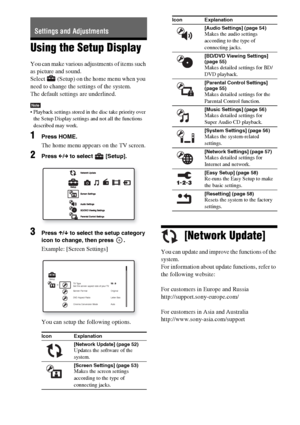 Page 5252GB
Using the Setup Display
You can make various adjustments of items such 
as picture and sound.
Select   (Setup) on the home menu when you 
need to change the settings of the system.
The default settings are underlined.
Note Playback settings stored in the disc take priority over 
the Setup Display settings and not all the functions 
described may work.
1Press HOME.
The home menu appears on the TV screen.
2Press C/c to select   [Setup].
3Press X/x to select the setup category 
icon to change, then...
