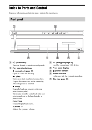 Page 88GB
Index to Parts and Control
For more information, refer to the pages indicated in parentheses.
A"/1 (on/standby)
Turns on the unit, or sets it to standby mode.
BPlay operation buttons
Z (open/close) (page 29)
Opens or closes the disc tray.
N (play)
Starts or re-starts playback (resume play).
Plays a slideshow when a disc containing 
JPEG image files is inserted.
x (stop)
Stops playback and remembers the stop 
point (resume point).
The resume point for a title/track is the last 
point you played or...