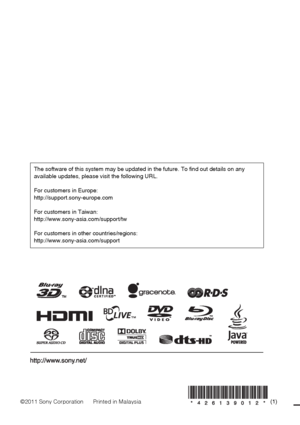 Page 76 
The software of this system may be updated in the future. To find out details on any 
available updates, please visit the following URL.
For customers in Europe:
http://support.sony-europe.com
For customers in Taiwan:
http://www.sony-asia.com/support/tw
For customers in other countries/regions:
http://www.sony-asia.com/support
©2011 Sony Corporation      Printed in Malaysia(1)
 