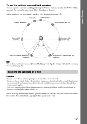 Page 1515GB
Getting Started
To add the optional surround back speakers
You can enjoy 7.1 surround sound by purchasing the Wireless Surround Speaker Kit (WAHT-SBP2, 
optional). The optional product lineup differs depending on the area.
For the position of the surround back speakers, refer the illustration below (C).
Note To use the surround back speakers, set [Surround Back] (page 51) in [Speaker Settings] to [Yes] while performing 
the Easy Setup (page 28).
Caution
 Contact a screw shop or installer regarding...