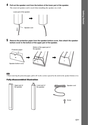 Page 1717GB
Getting Started
4Pull out the speaker cord from the bottom of the lower part of the speaker.
The removed speaker cord is used when installing the speaker on a wall.
5Remove the protection paper from the speaker-bottom cover, then attach the speaker-
bottom cover to the bottom of the upper part of the speaker.
Note When removing the protection paper, pull it off via the section exposed by the notch in the speaker-bottom cover.
Fully-disassembled illustration
Lower part of the speaker
,
Speaker cord...