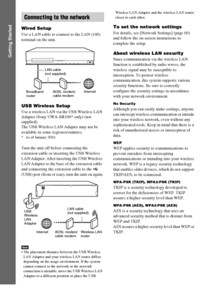 Page 2626GB
Getting Started
Wired Setup
Use a LAN cable to connect to the LAN (100) 
terminal on the unit.
USB Wireless Setup
Use a wireless LAN via the USB Wireless LAN 
Adapter (Sony UWA-BR100* only) (not 
supplied).
The USB Wireless LAN Adapter may not be 
available in some regions/countries.
* As of January 2010.
Turn the unit off before connecting the 
extension cable or inserting the USB Wireless 
LAN Adapter. After inserting the USB Wireless 
LAN Adapter to the base of the extension cable 
and connecting...