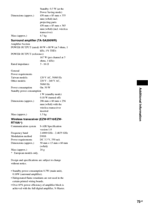 Page 75Additional Information
75GB
Standby: 0.3 W (at the 
Power Saving mode) 
Dimensions (approx.) 430 mm × 85 mm × 335 
mm (w/h/d) incl. 
projecting parts
430 mm × 85 mm × 365 
mm (w/h/d) (incl. wireless 
transceiver)
Mass (approx.) 4.7 kg
Surround amplifier (TA-SA200WR)Amplifier Section
POWER OUTPUT (rated) 80 W + 80 W (at 3 ohms, 1 
kHz, 1% THD)
POWER OUTPUT (reference) 
167 W (per channel at 3 
ohms, 1 kHz)
Rated impedance  3 - 16 Ω
General
Power requirements
Taiwan models: 120 V AC, 50/60 Hz
Other models:...