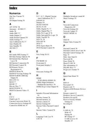 Page 8080GB
Index
Numerics
24p True Cinema 79
3D 32
3D Output Setting 56
A
A/V SYNC 38
Attenuate - AUDIO 57
Audio 58
Audio DRC 57
Audio Output 57
Audio Return Channel 59
Audio Settings 57
Auto Calibration 50, 57
Auto Display 60
Auto Standby 59
AVCHD 77
B
BD Audio MIX Setting 57
BD Data Storage Options 58
BD Hybrid Disc Playback 
Layer 58
BD Internet Connection 58
BD Parental Control 58
BD Remote Device 
Registration 61
BD/DVD Menu 58
BD/DVD Viewing Settings 58
BD/DVD-ROM 1080/24p 
Output 56
BD-LIVE 32
BD-R 77...