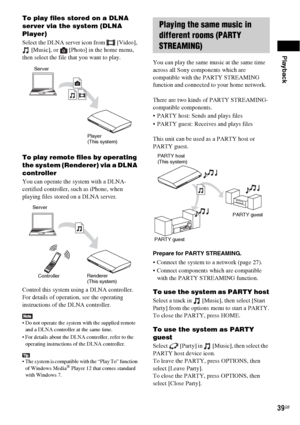 Page 39Playback
39GB
To play files stored on a DLNA 
server via the system (DLNA 
Player)
Select the DLNA server icon from  [Video], 
[Music], or  [Photo] in the home menu, 
then select the file that you want to play.
To play remote files by operating 
the system (Renderer) via a DLNA 
controller
You can operate the system with a DLNA-
certified controller, such as iPhone, when 
playing files stored on a DLNA server.
Control this system using a DLNA controller.
For details of operation, see the operating...