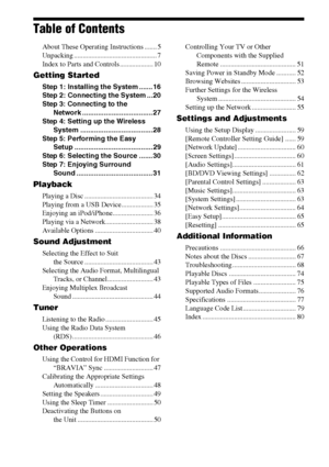 Page 66GB
Table of Contents
About These Operating Instructions ....... 5
Unpacking ............................................... 7
Index to Parts and Controls ................... 10
Getting Started
Step 1: Installing the System ....... 16
Step 2: Connecting the System ... 20
Step 3: Connecting to the 
Network .................................... 27
Step 4: Setting up the Wireless 
System ..................................... 28
Step 5: Performing the Easy 
Setup ........................................ 29...