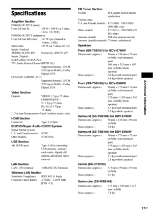 Page 77Additional Information
77GB
Specifications
Amplifier SectionPOWER OUTPUT (rated)
Front  L/Front  R: 108 W + 108 W (at 3 ohms, 
1 kHz, 1% THD)
POWER OUTPUT (reference)
Front L/Front R/Center: 167 W (per channel at 
3 ohms, 1 kHz)
Subwoofer: 165 W (at 3 ohms, 80 Hz)
Inputs (Analog)
AUDIO (AUDIO IN) Sensitivity: 450/250 mV
Inputs (Digital)
SAT/CABLE (COAXIAL)
TV (Audio Return Channel/OPTICAL)
Supported formats: LPCM 
2CH (up to 48 kHz), Dolby 
Digital, DTS
HDMI (IN 1)/HDMI (IN 2)
Supported formats: LPCM...