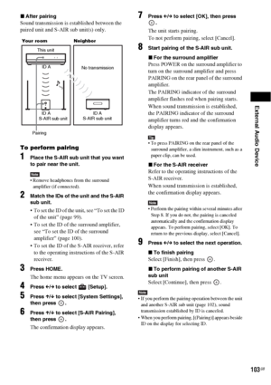 Page 103External Audio Device
103GB
xAfter pairing
Sound transmission is established between the 
paired unit and S-AIR sub unit(s) only.
To perform pairing
1Place the S-AIR sub unit that you want 
to pair near the unit.
Note Remove headphones from the surround 
amplifier (if connected).
2Match the IDs of the unit and the S-AIR 
sub unit.
 To set the ID of the unit, see “To set the ID 
of the unit” (page 99).
 To set the ID of the surround amplifier, 
see “To set the ID of the surround 
amplifier” (page 100)....