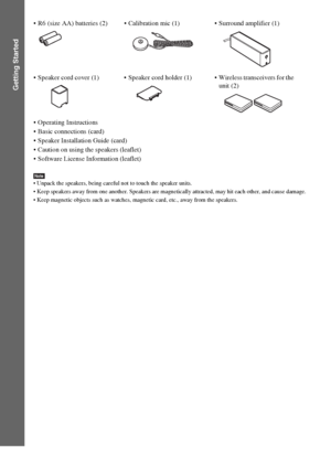 Page 1414GB
Getting Started
Note Unpack the speakers, being careful not to touch the speaker units.
 Keep speakers away from one another. Speakers are magnetically attracted, may hit each other, and cause damage.
 Keep magnetic objects such as watches, magnetic card, etc., away from the speakers.
 R6 (size AA) batteries (2)  Calibration mic (1)  Surround amplifier (1)
 Speaker cord cover (1)  Speaker cord holder (1)  Wireless transceivers for the 
unit (2)
 Operating Instructions
 Basic connections (card)...