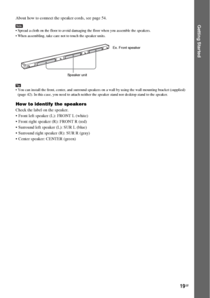 Page 1919GB
Getting Started
About how to connect the speaker cords, see page 54.
Note Spread a cloth on the floor to avoid damaging the floor when you assemble the speakers.
 When assembling, take care not to touch the speaker units.
Tip You can install the front, center, and surround speakers on a wall by using the wall mounting bracket (supplied) 
(page 42). In this case, you need to attach neither the speaker stand nor desktop stand to the speaker.
How to identify the speakers
Check the label on the...