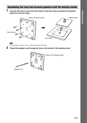 Page 3131GB
Getting Started1Unscrew the short screws from the bottom of the floor base and detach the desktop 
stand from the floor base.
Note Set aside the removed screws so that you do not lose them.
2Thread the speaker cord through the hole in the bottom of the desktop stand.
Assembling the front and surround speakers with the desktop stands
,
Desktop stand
Floor base Short screwsBottom of the floor base
Speaker cordBottom of the desktop stand
 