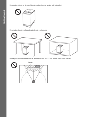 Page 4040GB
Getting Started
 Do not place objects on the top of the subwoofer where the speaker unit is installed.
 Do not place the subwoofer under a desk or in a cabinet, etc.
 Do not place the subwoofer behind an obstruction, such as a TV, etc. Middle range sound will fall.
TV etc.
 