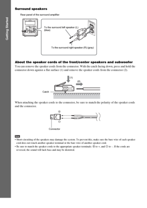 Page 5656GB
Getting Started
Surround speakers
About the speaker cords of the front/center speakers and subwoofer
You can remove the speaker cords from the connector. With the catch facing down, press and hold the 
connector down against a flat surface (1) and remove the speaker cords from the connector (2).
When attaching the speaker cords to the connector, be sure to match the polarity of the speaker cords 
and the connector.
Note Short-circuiting of the speakers may damage the system. To prevent this, make...