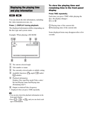 Page 8080GB
You can check the title information, including 
the video transmission rate, etc.
Press   DISPLAY during playback.
The displayed information differs depending on 
the disc type and system status.
Example: When playing a BD-ROM
AThe current selected angle
BTitle number or name
CThe currently selected audio or subtitle setting
DAvailable functions (  angle/  audio/
 subtitle)
EPlayback information
Displays Disc type/Play mode/Video codec/
Bit rate/Playing status bar/Playing time 
(Remaining time*)...