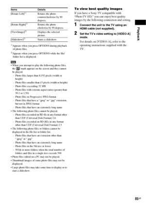 Page 85Playback
85GB 1)
Appears when you press OPTIONS during playback 
of photo files.
2)Appears when you press OPTIONS while the file/
folder list is displayed.
Note When you attempt to play the following photo files, 
the   mark appears on the screen and they cannot 
be played.
– Photo files larger than 8,192 pixels (width or 
height)
– Photo files smaller than 15 pixels (width or height)
– Photo files exceeding 32 MB
– Photo files with extreme aspect ratios (greater than 
50:1 or 1:50)
– Photo files in...