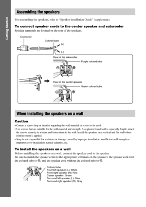 Page 1616GB
Getting Started
For assembling the speakers, refer to “Speaker Installation Guide” (supplement).
To connect speaker cords to the center speaker and subwoofer
Speaker terminals are located on the rear of the speakers.
Caution
 Contact a screw shop or installer regarding the wall material or screws to be used.
 Use screws that are suitable for the wall material and strength. As a plaster board wall is especially fragile, attach 
the screws securely to a beam and fasten them to the wall. Install the...