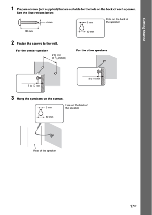 Page 1717GB
Getting Started
1Prepare screws (not supplied) that are suitable for the hole on the back of each speaker. 
See the illustrations below.
2Fasten the screws to the wall.
3Hang the speakers on the screws.
30 mm 4 mm
Hole on the back of 
the speaker
5 mm 
10 mm
8 to 10 mm
219 mm
(8 5/8 inches) For the center speaker
For the other speakers
8 to 10 mm
5 mm 
10 mmHole on the back of 
the speaker
Rear of the speaker
 