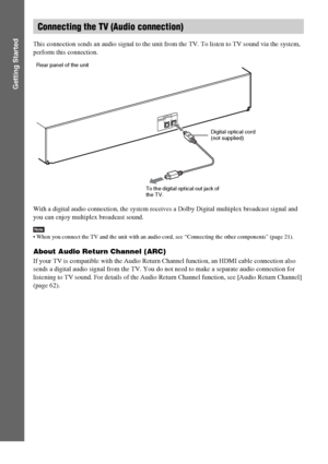 Page 2020GB
Getting Started
This connection sends an audio signal to the unit from the TV. To listen to TV sound via the system, 
perform this connection.
With a digital audio connection, the system receives a Dolby Digital multiplex broadcast signal and 
you can enjoy multiplex broadcast sound.
Note When you connect the TV and the unit with an audio cord, see “Connecting the other components” (page 21).
About Audio Return Channel (ARC)
If your TV is compatible with the Audio Return Channel function, an HDMI...