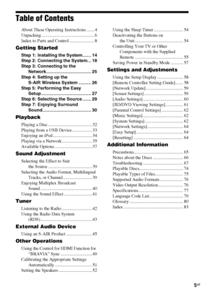 Page 55GB
Table of Contents
About These Operating Instructions ....... 4
Unpacking ............................................... 6
Index to Parts and Control ...................... 8
Getting Started
Step 1: Installing the System....... 14
Step 2: Connecting the System... 18
Step 3: Connecting to the 
Network.................................... 25
Step 4: Setting up the 
S-AIR Wireless System .......... 26
Step 5: Performing the Easy 
Setup ........................................ 27
Step 6: Selecting the...