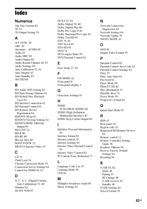 Page 8383GB
Index
Numerics
24p True Cinema 82
3D 32
3D Output Setting 59
A
A/V SYNC 38
ARC 20
Attenuate - AUDIO 60
Audio 61
Audio DRC 60
Audio Output 60
Audio Return Channel 20, 63
Audio Settings 60
Auto Calibration 51, 61
Auto Display 63
Auto Standby 63
AVCHD 80
B
BD Audio MIX Setting 60
BD Data Storage Options 61
BD Hybrid Disc Playback 
Layer 61
BD Internet Connection 61
BD Parental Control 62
BD Remote Device 
Registration 64
BD/DVD Menu 61
BD/DVD Viewing Settings 61
BD/DVD-ROM 1080/24p 
Output 60
BD-LIVE...