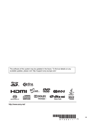 Page 88The software of this system may be updated in the future. To find out details on any 
available updates, please visit: http://support.sony-europe.com/
(1)Printed in Malaysia
 