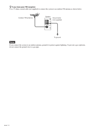 Page 2222GB
COAXIAL
AM
FM75Ω
Outdoor FM antennaSystem
To ground
zIf you have poor FM reception
Use a 75-ohms coaxial cable (not supplied) to connect the system to an outdoor FM antenna as shown below.
Note
If you connect the system to an outdoor antenna, ground it to protect against lightning. To prevent a gas explosion,
do not connect the ground wire to a gas pipe.
Ground wire
(not supplied)
 