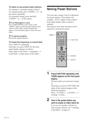 Page 6464GB
To listen to non-preset radio stations
Use manual or automatic tuning in Step 2.
For manual tuning, press TUNING + or – on
the remote repeatedly.
For automatic tuning, press and hold
TUNING + or – on the remote.
z
If an FM program is noisy
Press STEREO/MONO on the remote so that
“MONO” appears on the front panel display. There
will be no stereo effect, but the reception will
improve. Press the button again to restore the stereo
effect.
zTo improve reception
Reorient the supplied antennas.
To check...