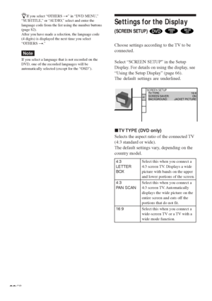 Page 6868GB
zIf you select “OTHERS t” in “DVD MENU,”
“SUBTITLE,” or “AUDIO,” select and enter the
language code from the list using the number buttons
(page 82).
After you have made a selection, the language code
(4 digits) is displayed the next time you select
“OTHERS t.”
Note
If you select a language that is not recorded on the
DVD, one of the recorded languages will be
automatically selected (except for the “OSD”).
Settings for the Display
(SCREEN SETUP)   
Choose settings according to the TV to be...