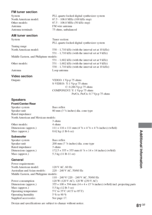 Page 8181GB
Additional Information
FM tuner section
System PLL quartz-locked digital synthesizer system
North American model: 87.5 – 108.0 MHz (100 kHz step)
Other models: 87.5 – 108.0 MHz (50 kHz step)
Antenna FM wire antenna
Antenna terminals 75 ohms, unbalanced
AM tuner section
System Tuner section:
PLL quartz-locked digital synthesizer system
Tuning range
North American model: 530 – 1,710 kHz (with the interval set at 10 kHz)
531 – 1,710 kHz (with the interval set at 9 kHz)
Middle Eastern, and Philipinne...