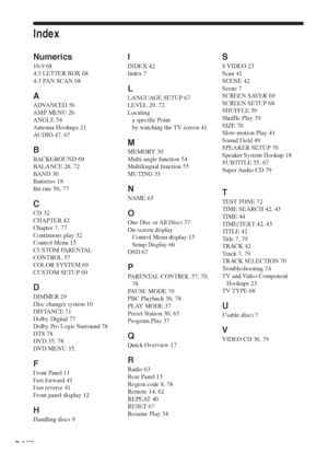 Page 8484GB
Index
Numerics
16:9 68
4:3 LETTER BOX 68
4:3 PAN SCAN 68
A
ADVANCED 56
AMP MENU 26
ANGLE 54
Antenna Hookups 21
AUDIO 47, 67
B
BACKGROUND 69
BALANCE 28, 72
BAND 30
Batteries 18
Bit rate 56, 77
C
CD 32
CHAPTER 42
Chapter 7, 77
Continuous play 32
Control Menu 15
CUSTOM PARENTAL
CONTROL 57
COLOR SYSTEM 69
CUSTOM SETUP 69
D
DIMMER 29
Disc changer system 10
DISTANCE 71
Dolby Digital 77
Dolby Pro Logic Surround 78
DTS 78
DVD 35, 78
DVD MENU 35,
F
Front Panel 11
Fast forward 41
Fast reverse 41
Front panel...