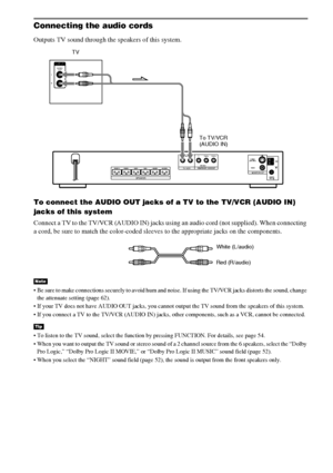 Page 2222GB
Connecting the audio cords
Outputs TV sound through the speakers of this system.
To connect the AUDIO OUT jacks of a TV to the TV/VCR (AUDIO IN) 
jacks of this system
Connect a TV to the TV/VCR (AUDIO IN) jacks using an audio cord (not supplied). When connecting 
a cord, be sure to match the color-coded sleeves to the appropriate jacks on the components.
 Be sure to make connections securely to avoid hum and noise. If using the TV/VCR jacks distorts the sound, change 
the attenuate setting (page...