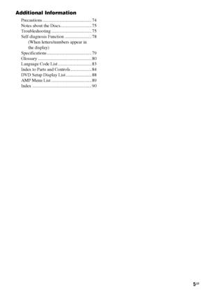 Page 55GB
Additional Information
Precautions ............................................ 74
Notes about the Discs............................ 75
Troubleshooting .................................... 75
Self-diagnosis Function ........................ 78
(When letters/numbers appear in 
the display)
Specifications ........................................ 79
Glossary ................................................ 80
Language Code List .............................. 83
Index to Parts and Controls...