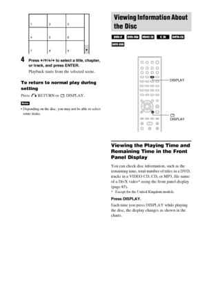 Page 4646GB
4Press C/X/x/c to select a title, chapter, 
or track, and press ENTER.
Playback starts from the selected scene.
To return to normal play during 
setting
Press O RETURN or   DISPLAY.
 Depending on the disc, you may not be able to select 
some items.
Viewing the Playing Time and 
Remaining Time in the Front 
Panel Display
You can check disc information, such as the 
remaining time, total number of titles in a DVD, 
tracks in a VIDEO CD, CD, or MP3, file name 
of a DivX video* using the front panel...