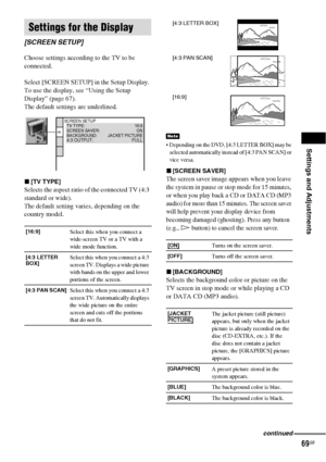 Page 69Settings and Adjustments
69GB
Choose settings according to the TV to be 
connected.
Select [SCREEN SETUP] in the Setup Display. 
To use the display, see “Using the Setup 
Display” (page 67).
The default settings are underlined.
x[TV TYPE]
Selects the aspect ratio of the connected TV (4:3 
standard or wide).
The default setting varies, depending on the 
country model.
 Depending on the DVD, [4:3 LETTER BOX] may be 
selected automatically instead of [4:3 PAN SCAN] or 
vice versa.
x[SCREEN SAVER]
The...