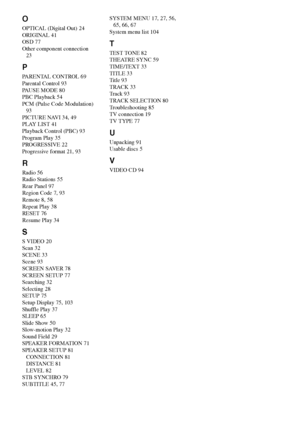 Page 106masterpage:Left
specdef v20070110 filename[I:\FM E_data\1011_DAV-
DZ1000_rev\2895978121\2895978121DAVDZ1000\gb02regIX.fm]
 model name [DAV-DZ1000]
 [2-895-978-12(1)]
106GB
O
OPTICAL (Digital Out) 24
ORIGINAL 41
OSD 77
Other component connection 
23
P
PARENTAL CONTROL 69
Parental Control 93
PAUSE MODE 80
PBC Playback 54
PCM (Pulse Code Modulation) 
93
PICTURE NAVI 34, 49
PLAY LIST 41
Playback Control (PBC) 93
Program Play 35
PROGRESSIVE 22
Progressive format 21, 93
R
Radio 56
Radio Stations 55
Rear Panel...