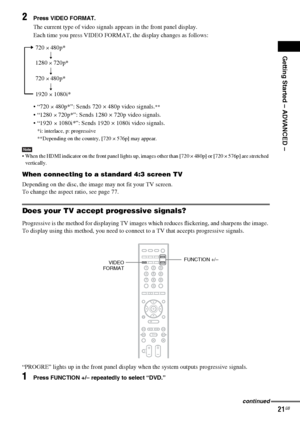 Page 21Getting Started – ADVANCED –
masterpage:Right
specdef v20070110 filename[I:\FM E_data\1011_DAV-
DZ1000_rev\2895978121\2895978121DAVDZ1000\gb05gsa.fm]
 model name [DAV-DZ1000]
 [2-895-978-12(1)]
21GB
2Press VIDEO FORMAT.
The current type of video signals appears in the front panel display.
Each time you press VIDEO FORMAT, the display changes as follows:
 
× 480p*”: Sends 720 × 480p video signals.**
 “1280 × 720p*”: Sends 1280 × 720p video signals. 
 “1920
 × 1080i*”: Sends 1920 × 1080i video signals....