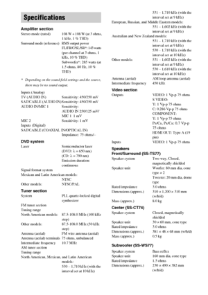 Page 90masterpage:Left
specdef v20070110 filename[I:\FM E_data\1011_DAV-
DZ1000_rev\2895978121\2895978121DAVDZ1000\gb12add.fm]
 model name [DAV-DZ1000]
 [2-895-978-12(1)]
90GB
Amplifier sectionStereo mode  (rated) 108 W + 108 W (at 3 ohms,
1 kHz, 1 % THD)
Surround mode (reference)  RMS output power
FL/FR/C/SL/SR*: 143 watts 
(per channel at 3 ohms, 1 
kHz, 10 % THD)
Subwoofer*: 285 watts (at 
1.5 ohms, 80 Hz, 10 % 
THD)
* Depending on the sound field settings and the source, 
there may be no sound output....