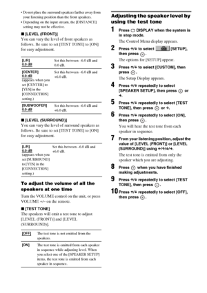 Page 6464GB
 Do not place the surround speakers farther away from 
your listening position than the front speakers.
 Depending on the input stream, the [DISTANCE] 
setting may not be effective.
x[LEVEL (FRONT)]
You can vary the level of front speakers as 
follows. Be sure to set [TEST TONE] to [ON] 
for easy adjustment.
x[LEVEL (SURROUND)]
You can vary the level of surround speakers as 
follows. Be sure to set [TEST TONE] to [ON] 
for easy adjustment.
To adjust the volume of all the 
speakers at one time
Turn...