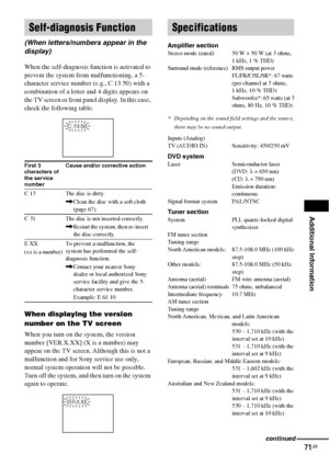 Page 71Additional Information
71GB
When the self-diagnosis function is activated to 
prevent the system from malfunctioning, a 5-
character service number (e.g., C 13 50) with a 
combination of a letter and 4 digits appears on 
the TV screen or front panel display. In this case, 
check the following table.
When displaying the version 
number on the TV screen
When you turn on the system, the version 
number [VER.X.XX] (X is a number) may 
appear on the TV screen. Although this is not a 
malfunction and for Sony...